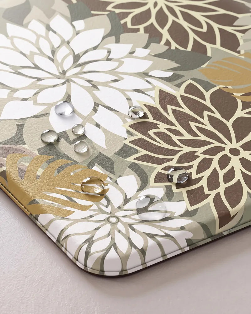Water droplets on Brown White floral anti-fatigue kitchen mat showing its waterproof surface