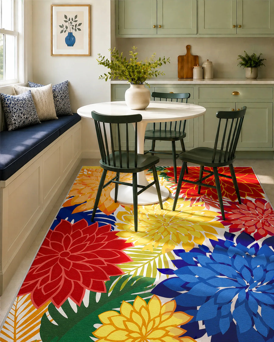 Floral area rug with vibrant dahlia pattern beneath a kitchen dining table