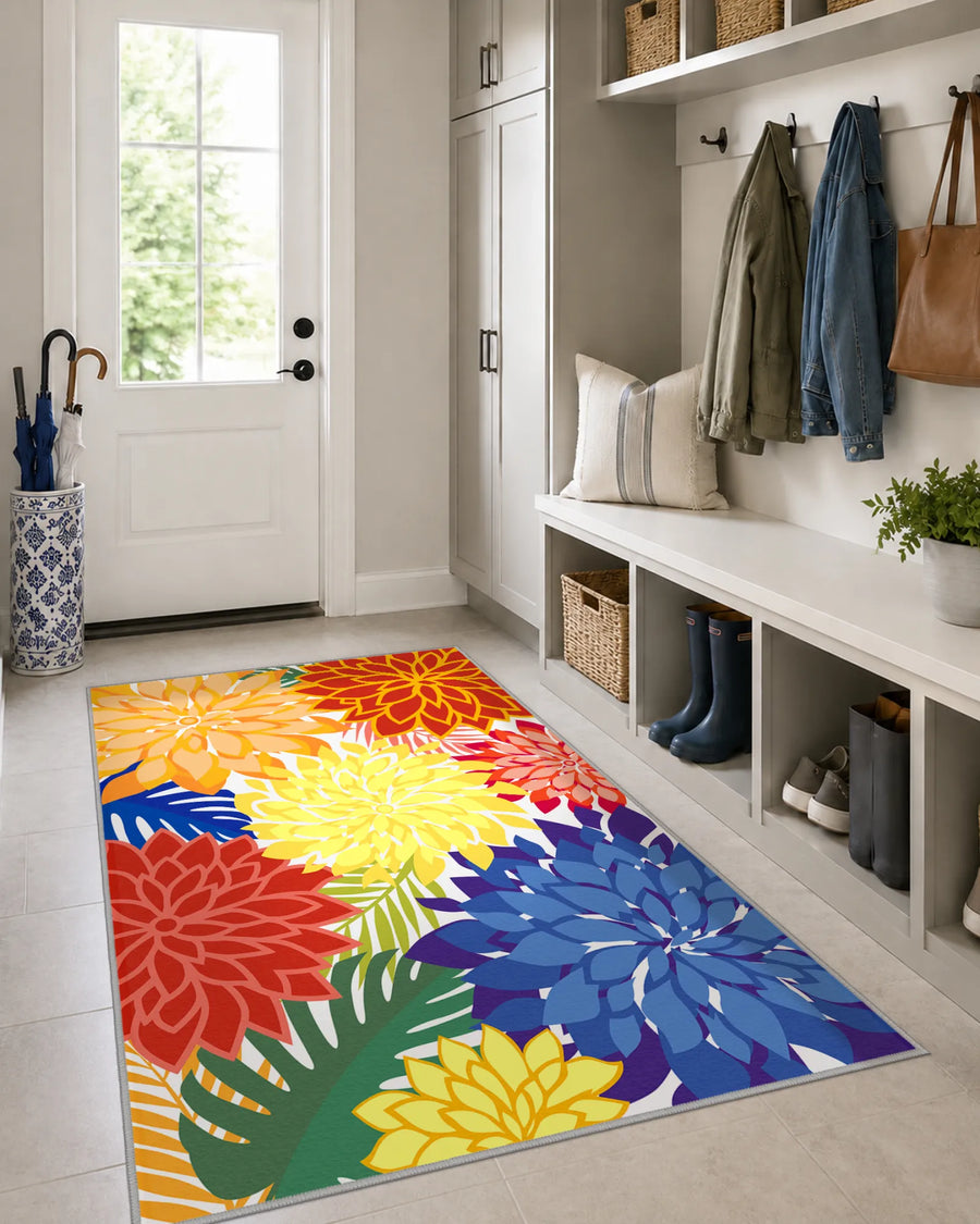 Colorful floral area rug featuring large dahlias in a bright modern entryway