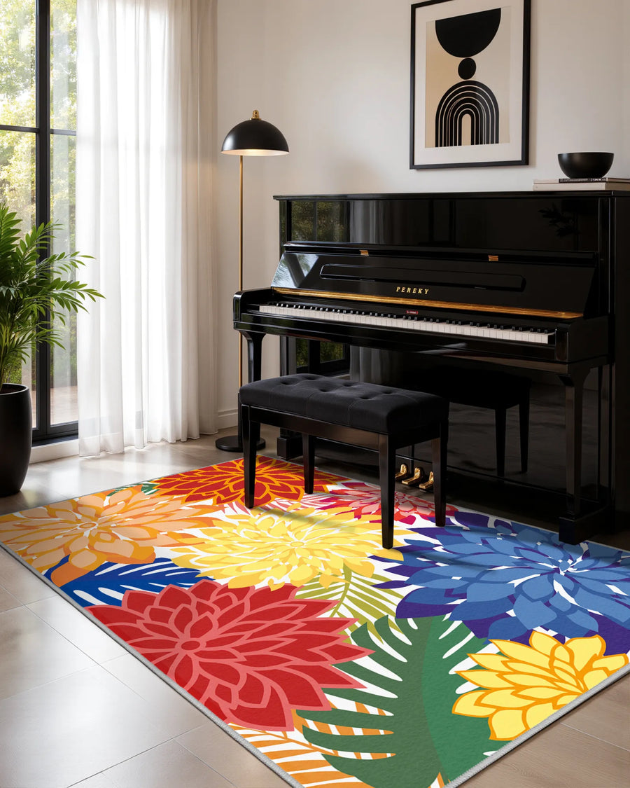 Washable floral area rug with bright dahlia design in a music room