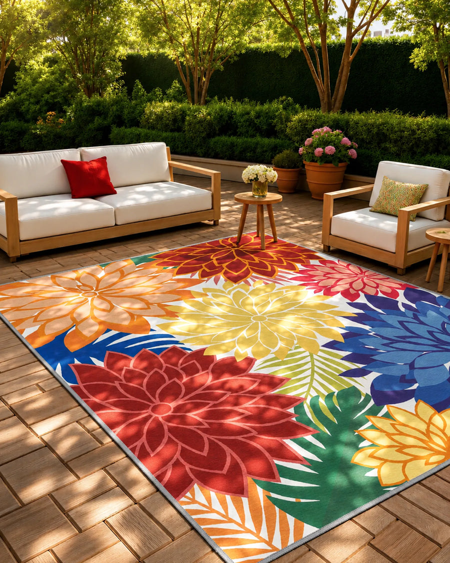 Floral outdoor rug with colorful dahlia pattern on a sunny furnished patio