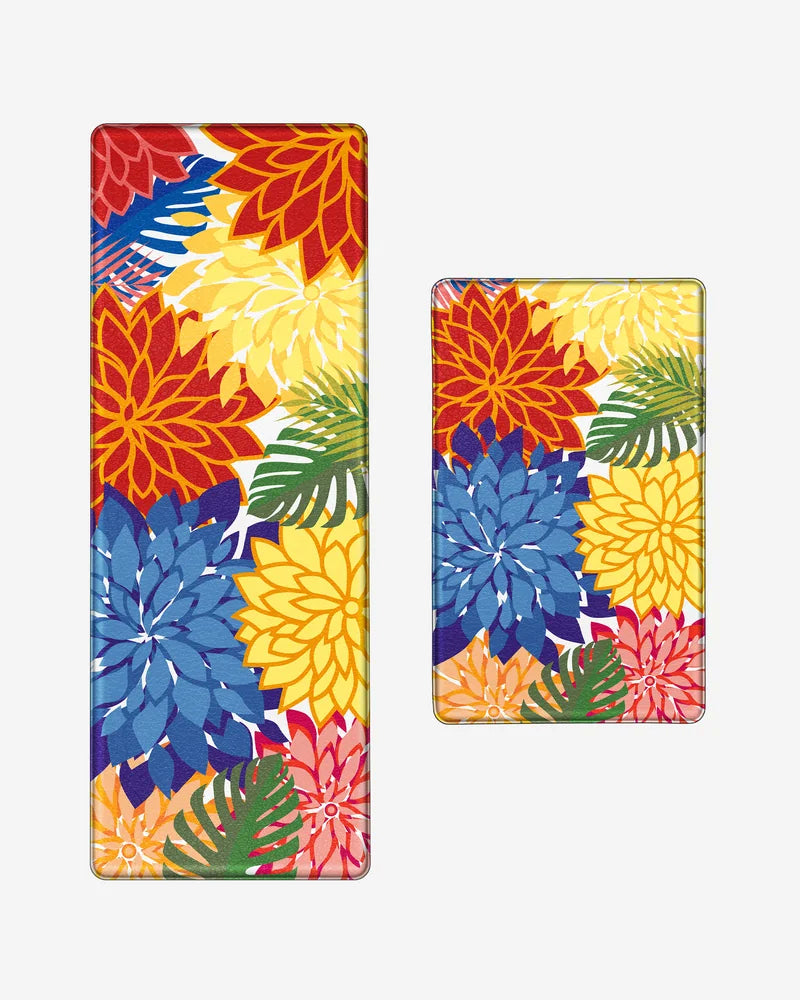 Colorful floral anti-fatigue kitchen mat set with 17.3-by-28-inch mat and 47-inch runner