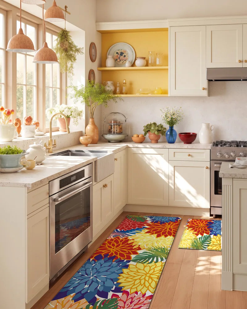 Colorful floral extra-wide cushioned kitchen mats in a sunny white kitchen