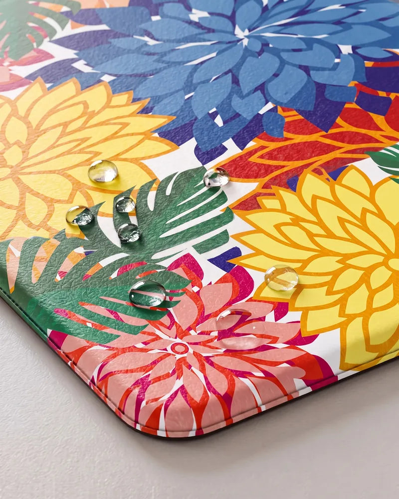 Water droplets on Colorful floral anti-fatigue kitchen mat showing its waterproof surface