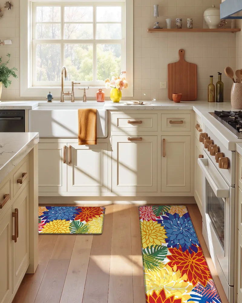 Colorful floral anti-fatigue mats placed at the sink and prep area in a bright kitchen