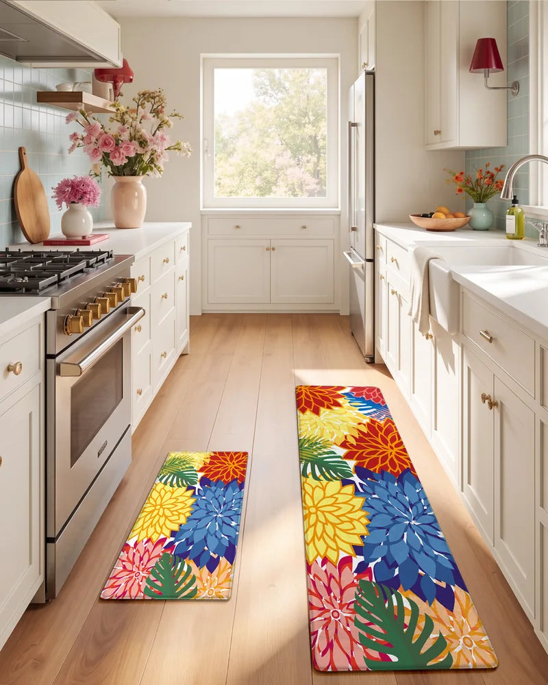 Colorful floral kitchen runner and matching mat styled in a galley kitchen