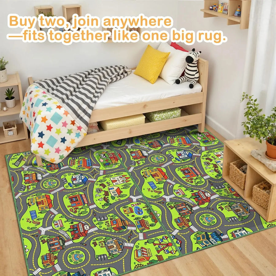 Two matching kids car rugs connected to create a larger city road play area