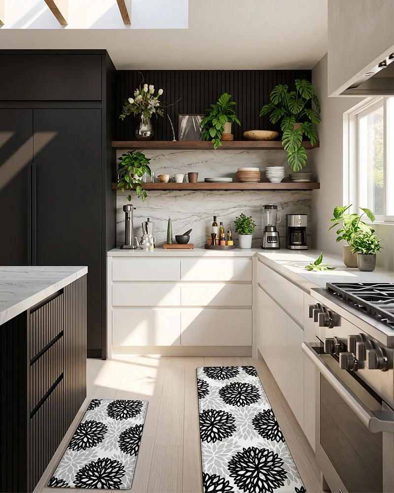 Black Gray dahlia floral anti-fatigue kitchen mat set in a black and white kitchen