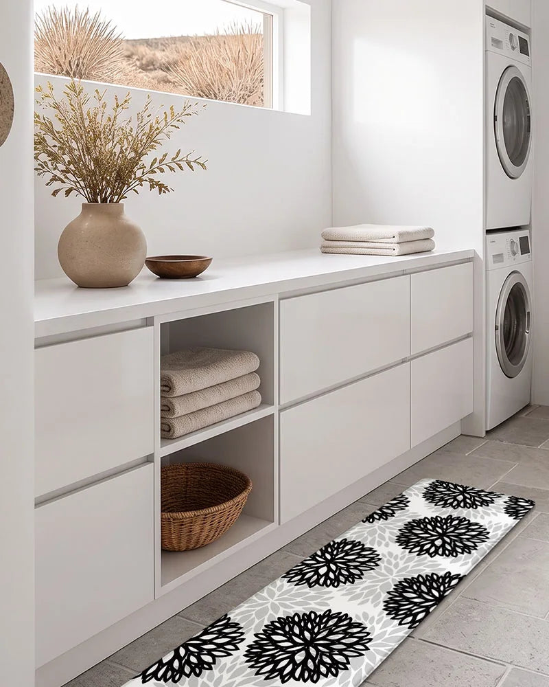 Black Gray dahlia floral anti-fatigue kitchen mat set in a modern laundry room