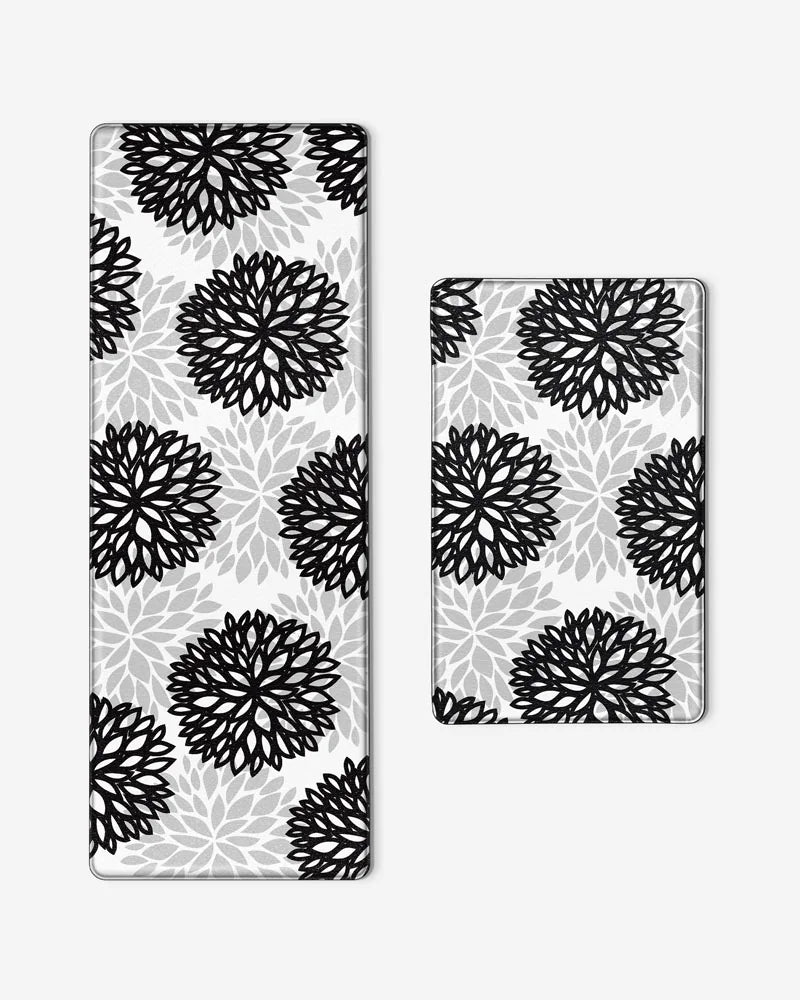 Black Gray dahlia floral kitchen runner and matching mat product view