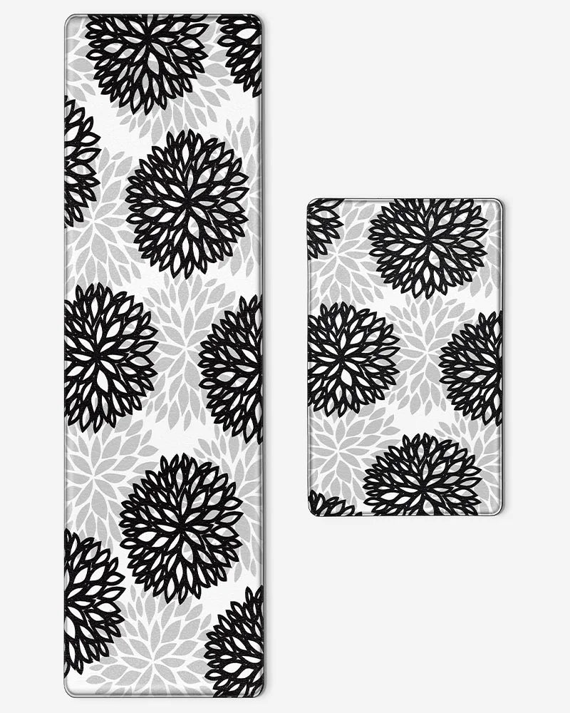 Black Gray dahlia floral kitchen mat and runner set on a white background