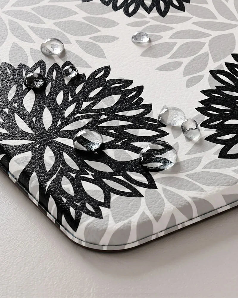 Black Gray dahlia floral anti-fatigue kitchen mat with waterproof surface detail