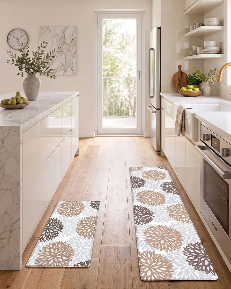 Brown Grey dahlia floral anti-fatigue kitchen mat set in a bright galley kitchen