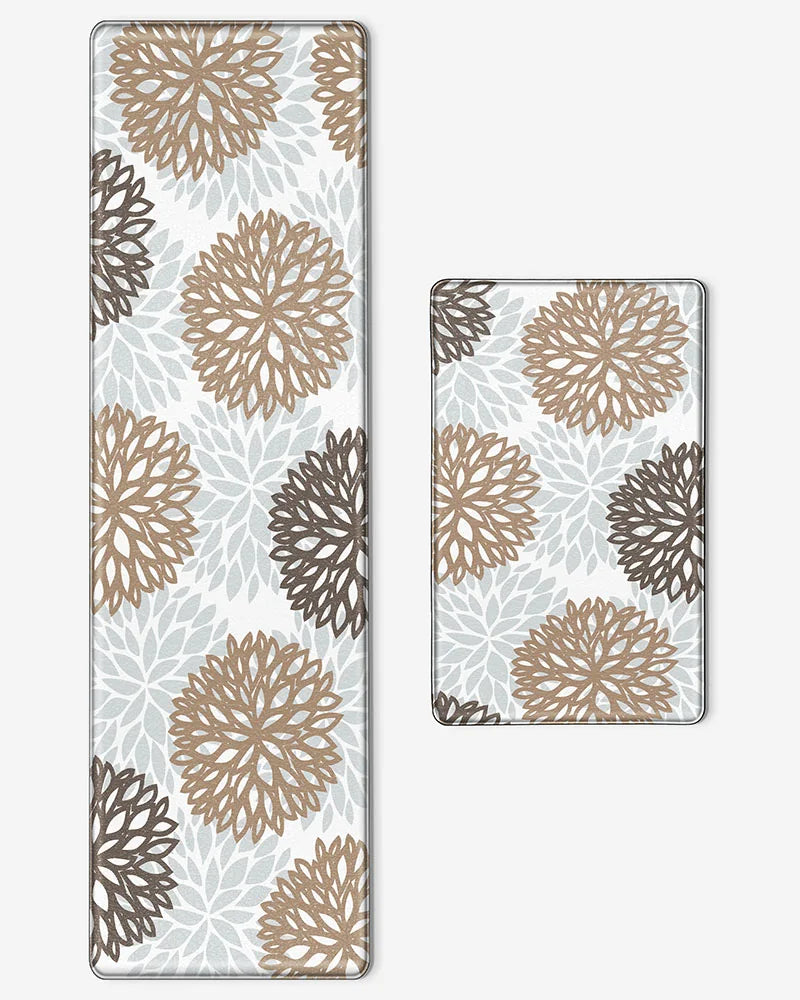 Brown Grey dahlia floral kitchen mat and runner set on a white background