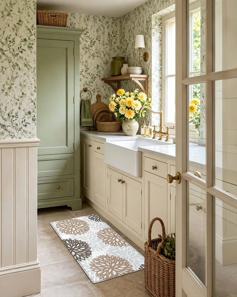 Brown Grey dahlia floral anti-fatigue kitchen mat set in a vintage light kitchen