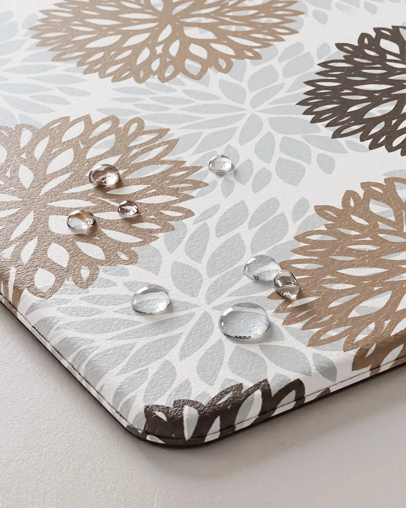Brown Grey dahlia floral anti-fatigue kitchen mat with waterproof surface detail