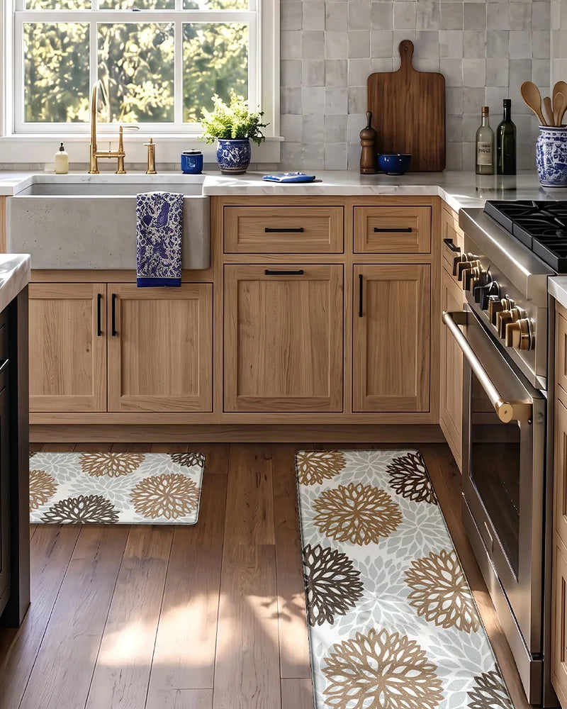 Brown Grey dahlia floral anti-fatigue kitchen mat set in a wood cabinet kitchen