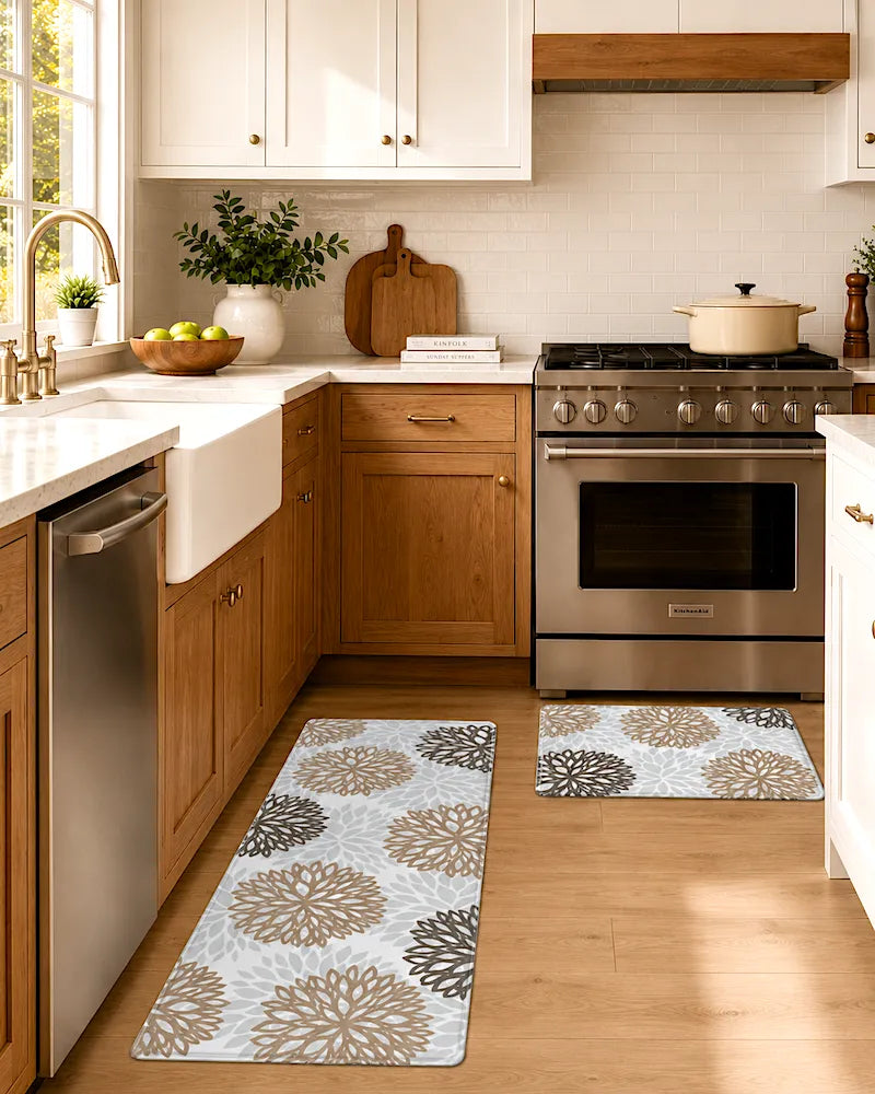 Dahlia floral anti-fatigue kitchen mat set by a sink and cooking area