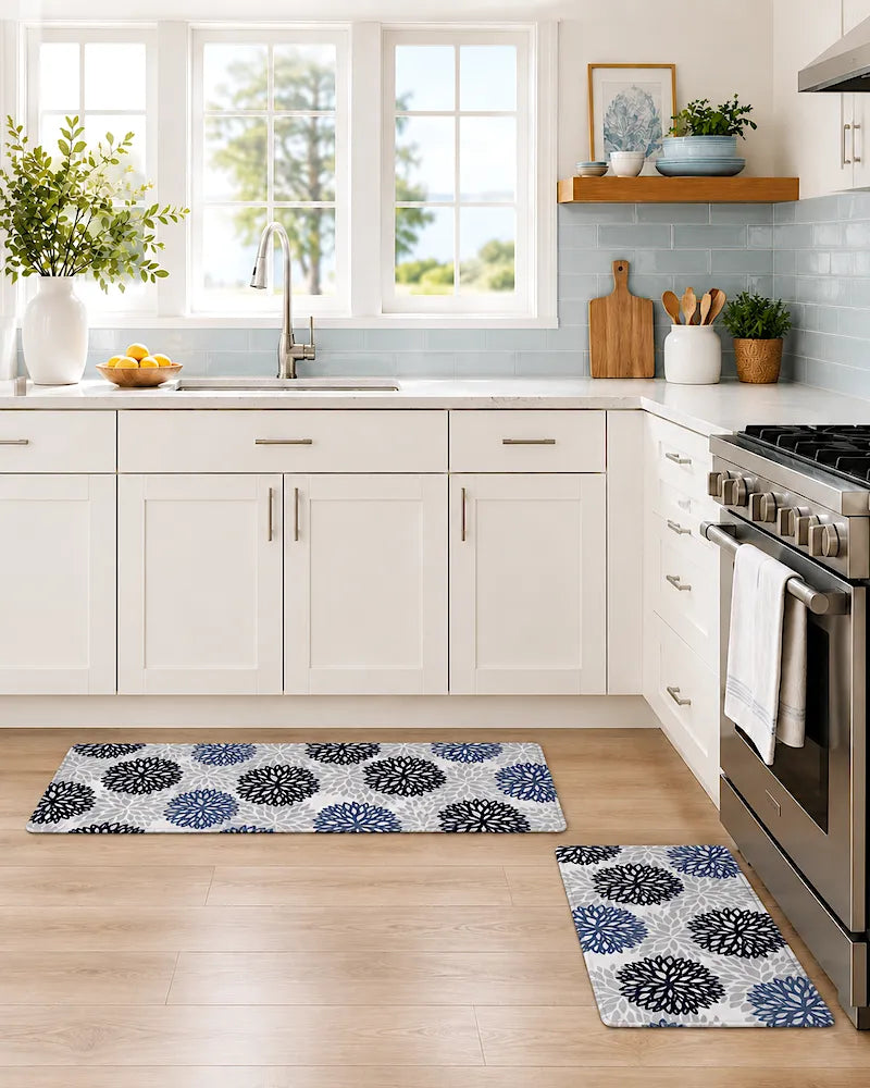 Dahlia floral anti-fatigue kitchen mat set by a sink and cooking area
