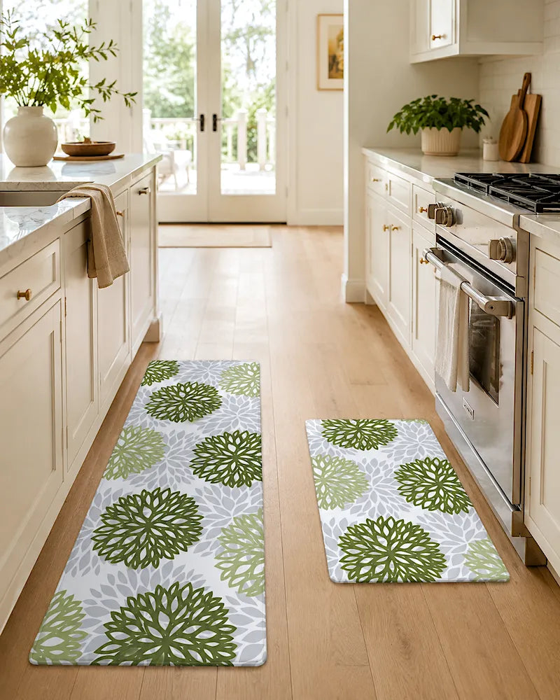 Dahlia floral anti-fatigue kitchen mat set by a sink and cooking area