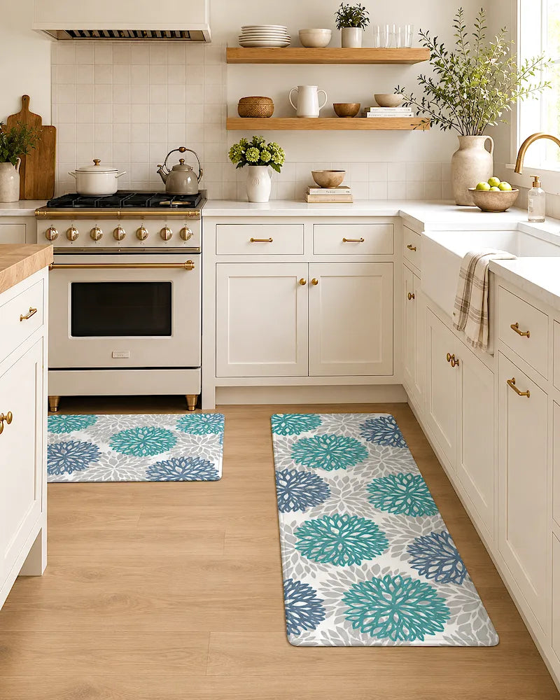 Dahlia floral anti-fatigue kitchen mat set by a sink and cooking area