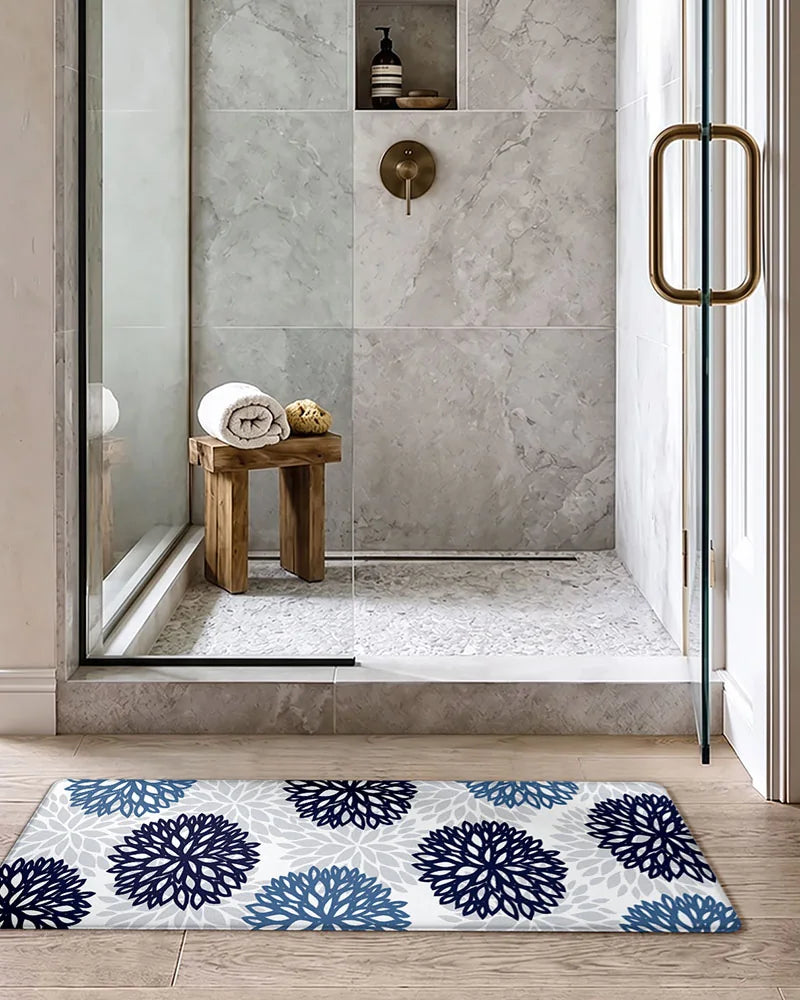 Navy Teal dahlia floral anti-fatigue kitchen mat set in a modern bathroom shower area