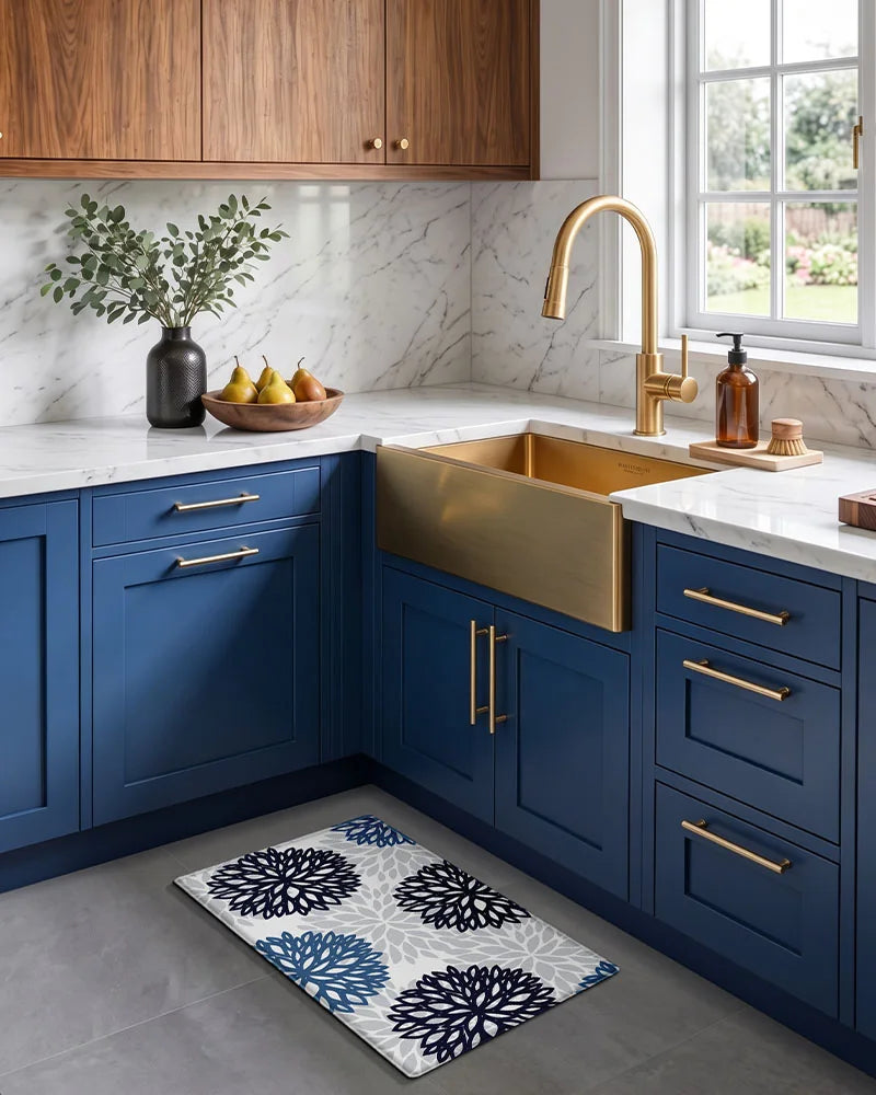 Navy Teal dahlia floral anti-fatigue kitchen mat set in a blue farmhouse sink kitchen
