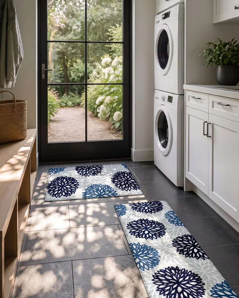 Navy Teal dahlia floral anti-fatigue kitchen mat set in a laundry room entryway