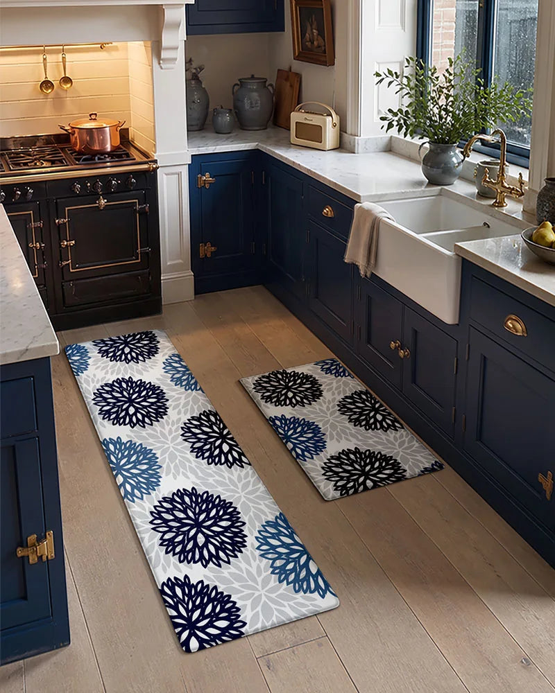 Navy Teal dahlia floral anti-fatigue kitchen mat set in a navy cabinet kitchen