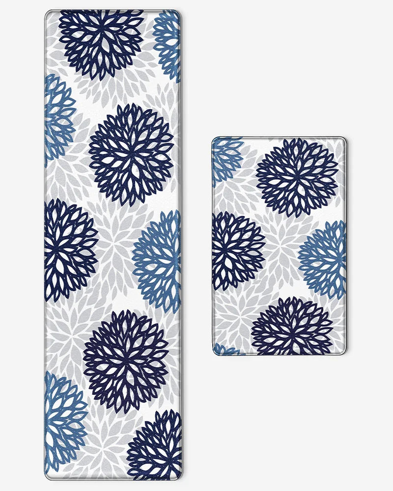 Navy Teal dahlia floral kitchen mat and runner set on a white background
