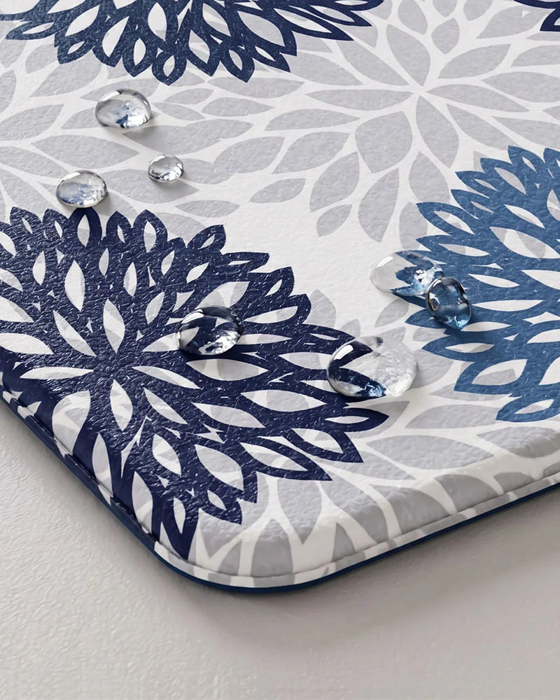 Navy Teal dahlia floral anti-fatigue kitchen mat with waterproof surface detail