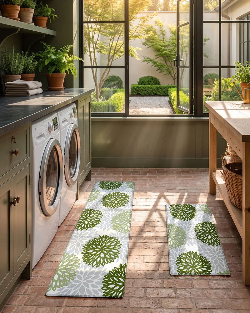 Sage Green dahlia floral anti-fatigue kitchen mat set in a bright laundry room