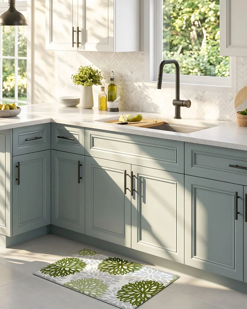 Sage Green dahlia floral anti-fatigue kitchen mat set in a green cabinet kitchen