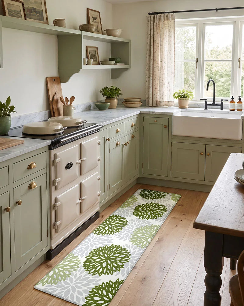 Sage Green dahlia floral anti-fatigue kitchen mat set in a sage farmhouse kitchen