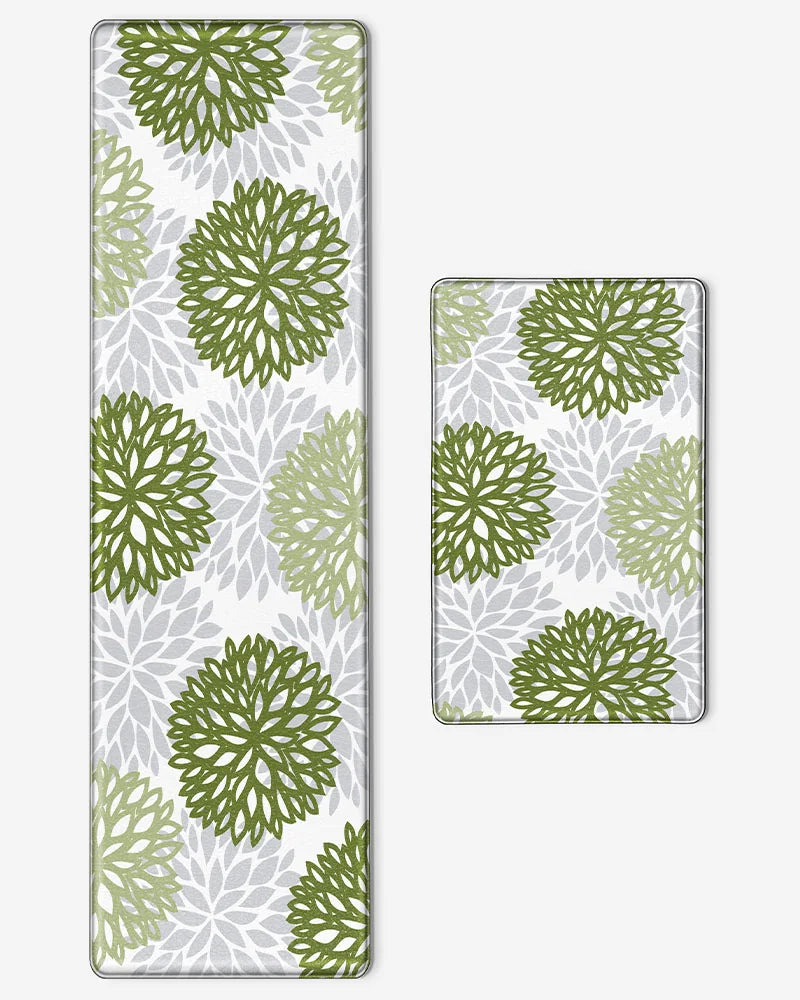 Sage Green dahlia floral kitchen mat and runner set on a white background