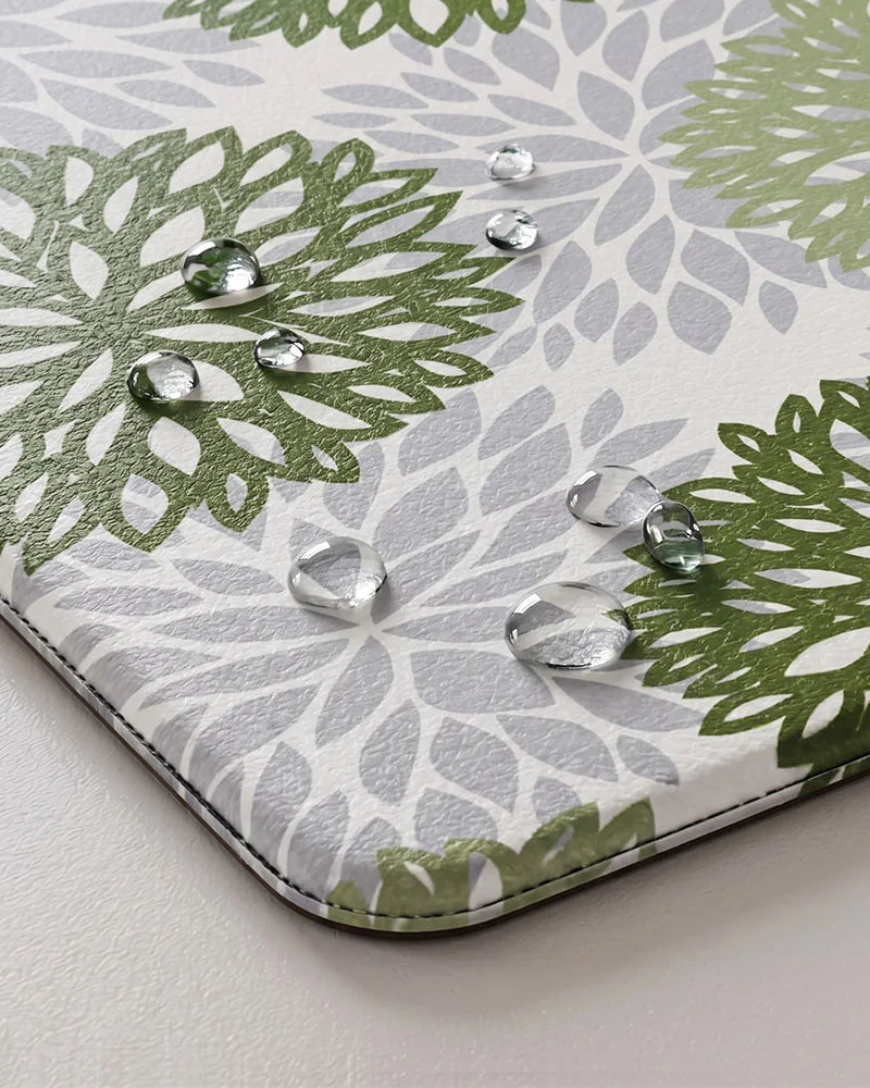 Sage Green dahlia floral anti-fatigue kitchen mat with waterproof surface detail