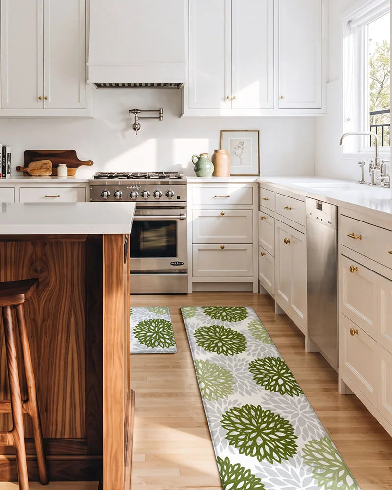 Sage Green dahlia floral anti-fatigue kitchen mat set in a bright white kitchen