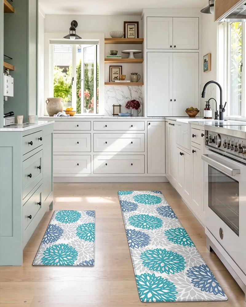 Teal Blue dahlia floral anti-fatigue kitchen mat set in a bright white kitchen