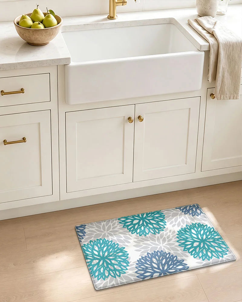 Teal Blue dahlia floral anti-fatigue kitchen mat set in a farmhouse sink kitchen