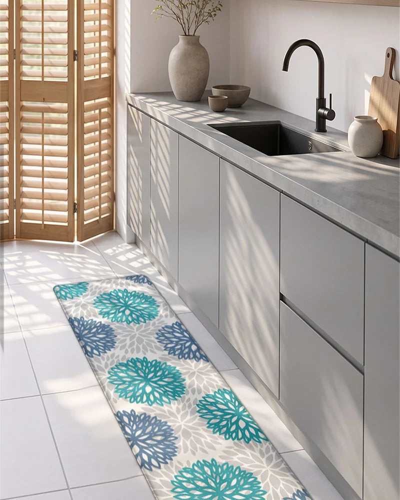 Teal Blue dahlia floral anti-fatigue kitchen mat set in a gray cabinet kitchen