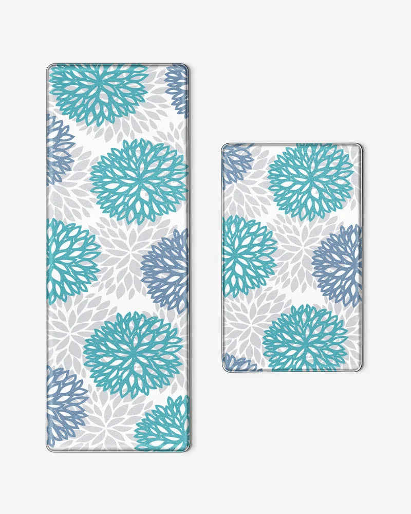 Teal Blue dahlia floral kitchen runner and matching mat product view