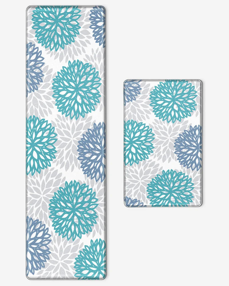 Teal Blue dahlia floral kitchen mat and runner set on a white background