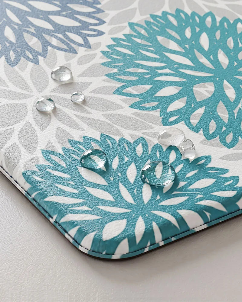 Teal Blue dahlia floral anti-fatigue kitchen mat with waterproof surface detail