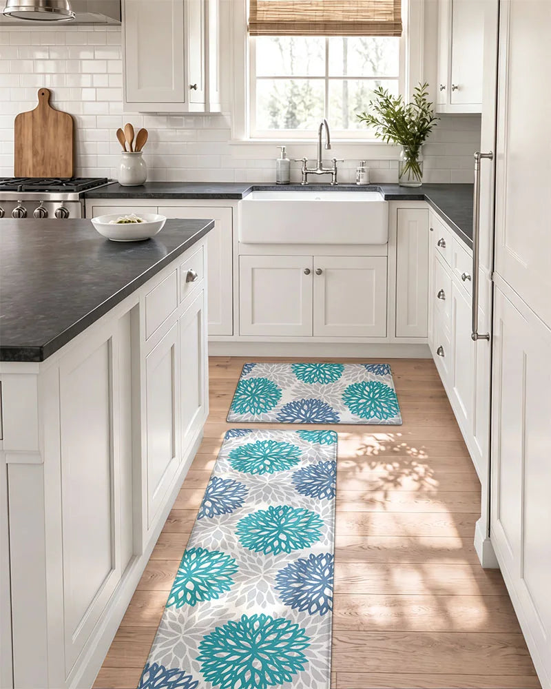 Teal Blue dahlia floral anti-fatigue kitchen mat set in a white galley kitchen