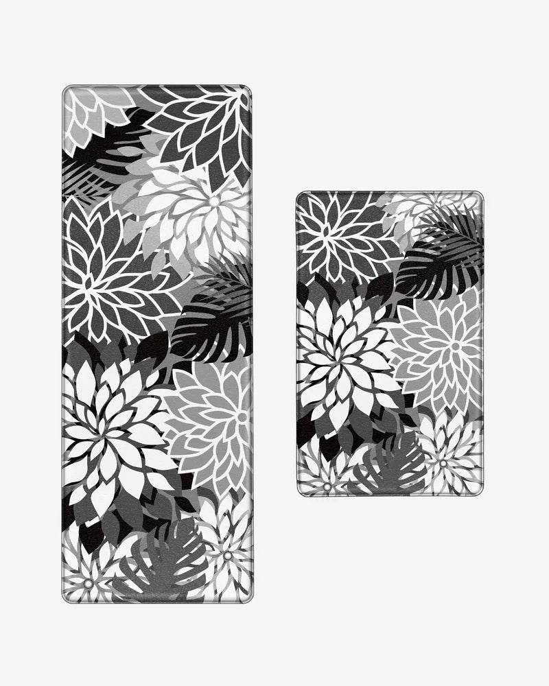Black White floral anti-fatigue kitchen mat set with 17.3-by-28-inch mat and 47-inch runner