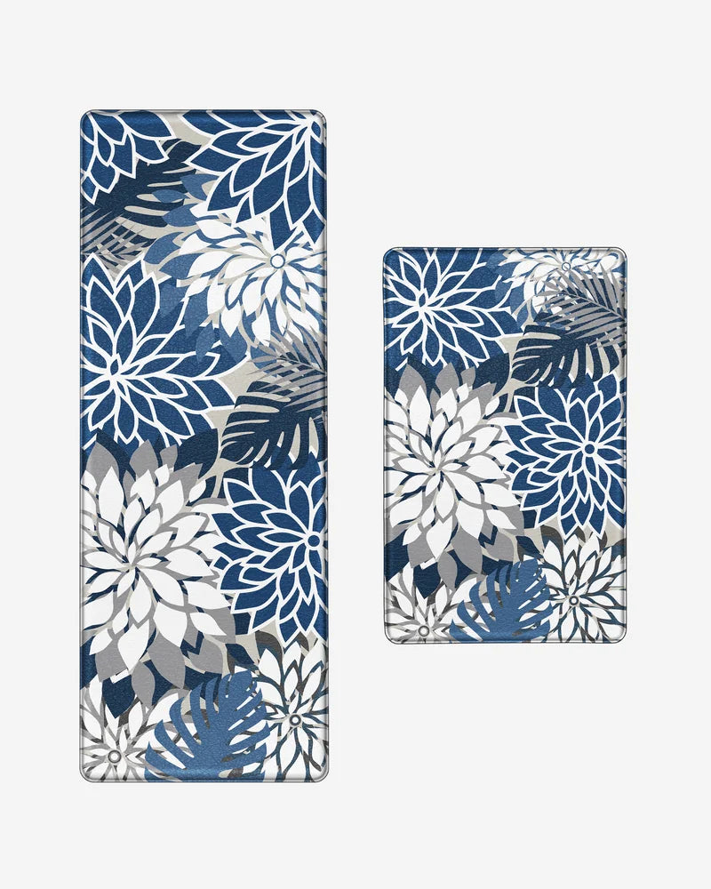 Blue Gray floral anti-fatigue kitchen mat set with 17.3-by-28-inch mat and 47-inch runner