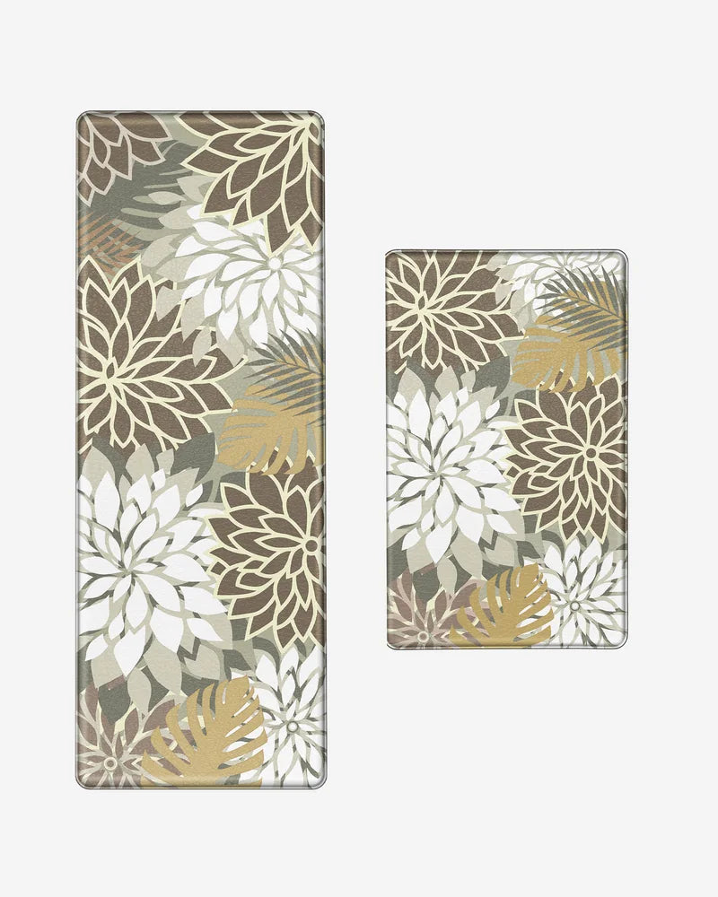 Brown White floral anti-fatigue kitchen mat set with 17.3-by-28-inch mat and 47-inch runner