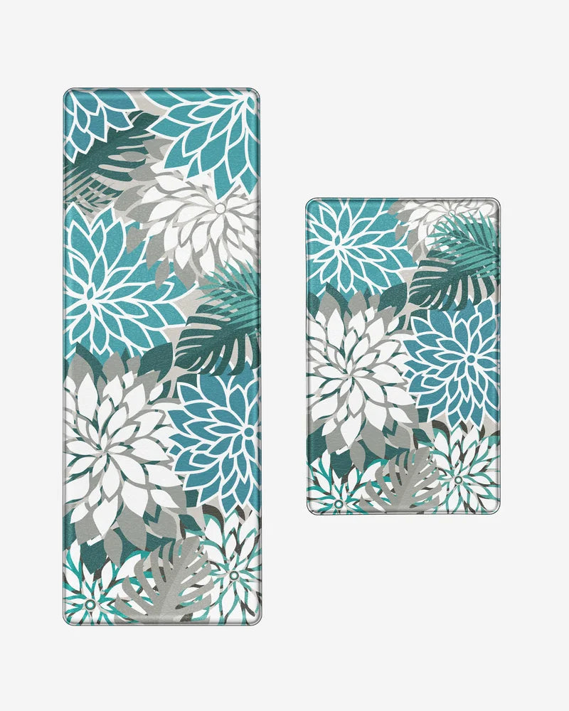 Teal floral anti-fatigue kitchen mat set with 17.3-by-28-inch mat and 47-inch runner