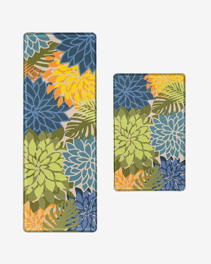 Yellow Green floral anti-fatigue kitchen mat set with 17.3-by-28-inch mat and 47-inch runner