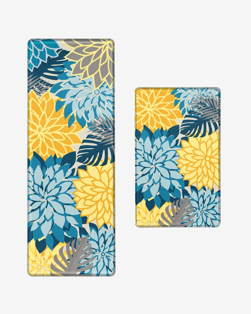 Yellow Teal floral anti-fatigue kitchen mat set with 17.3-by-28-inch mat and 47-inch runner